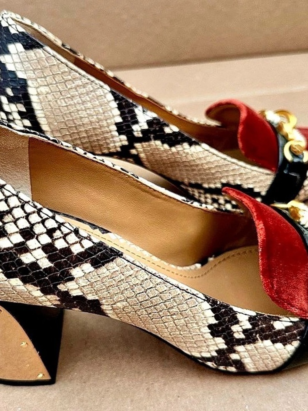 Tory Burch Jessa Snake Print and Velvet Block Heel Pump Velvet Block Heel Pumps